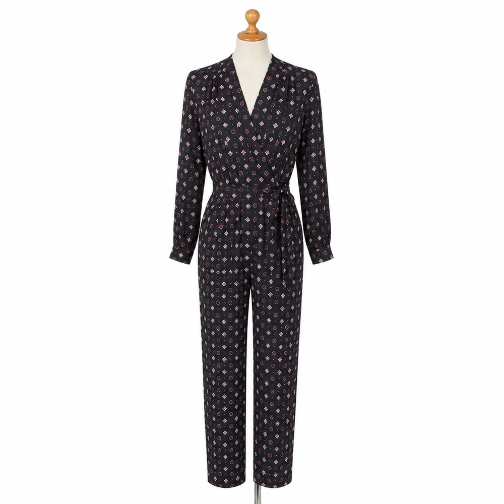 Loft Women's 2 Black Medallion Print Jumpsuit Long Sleeve Wrap Front